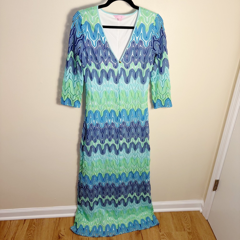 Lilly Pulitzer Dress S Blue Green Chevron Crochet Lace Maxi 3/4 Sleeve V-Neck - Picture 2 of 8